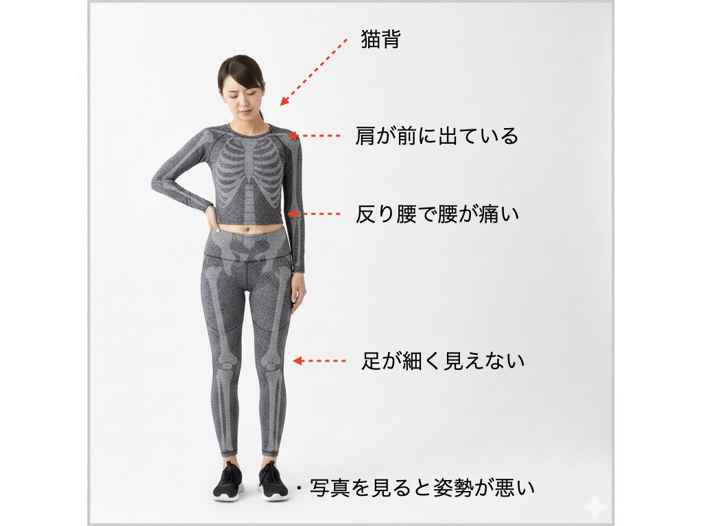 ・猫背が気になる
・反り腰で腰が張りやすい
・肩が前に巻いている
・写真を見ると姿勢が悪い
・ダイエットしても体型が整わない
・トレーニングしても首や腰が痛くなる
女性