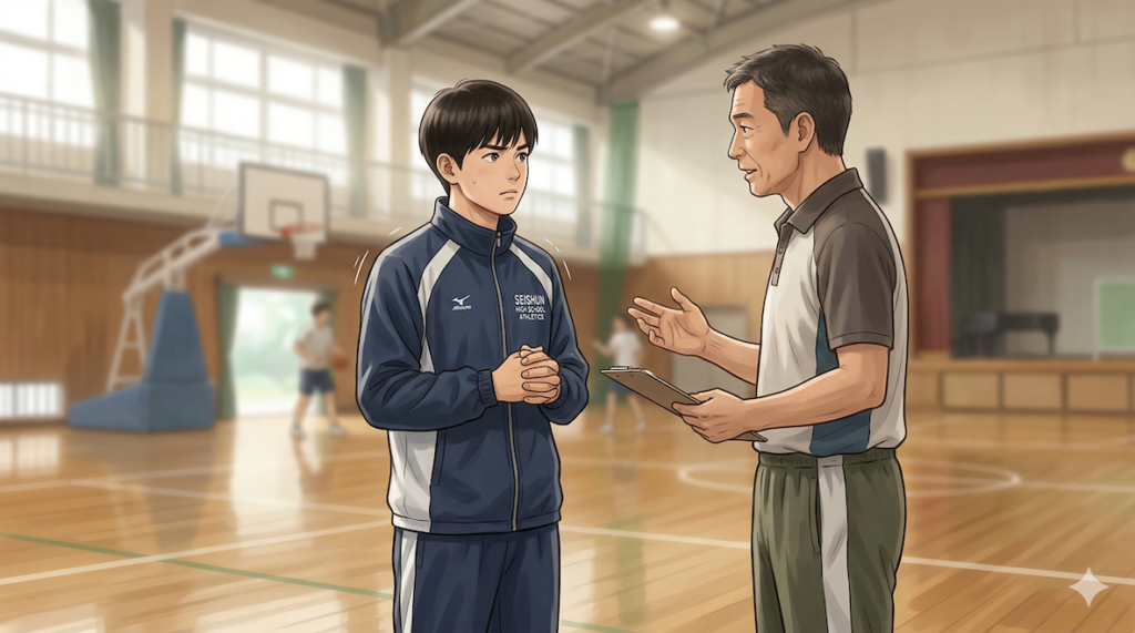 真面目な子がコーチの指示を聞いて緊張しているイメージ