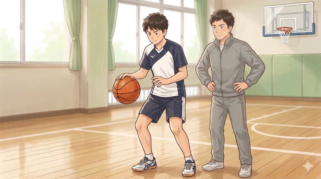 指導者と対話しながら自分の感覚を確認する学生アスリート