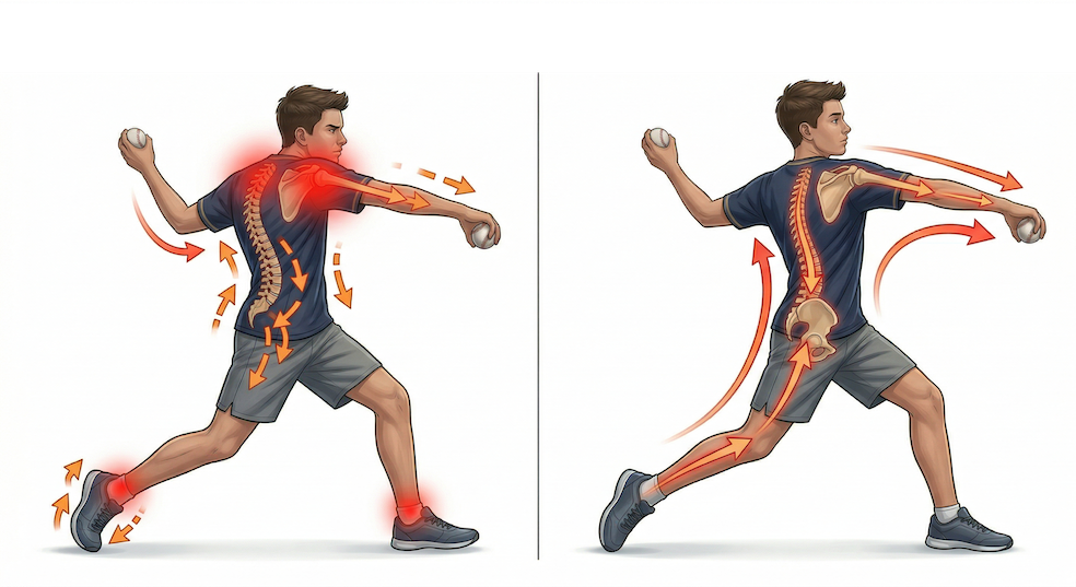 下半身からの力が腕に伝わらず腕だけで投球をしている中学生アスリートのイラスト