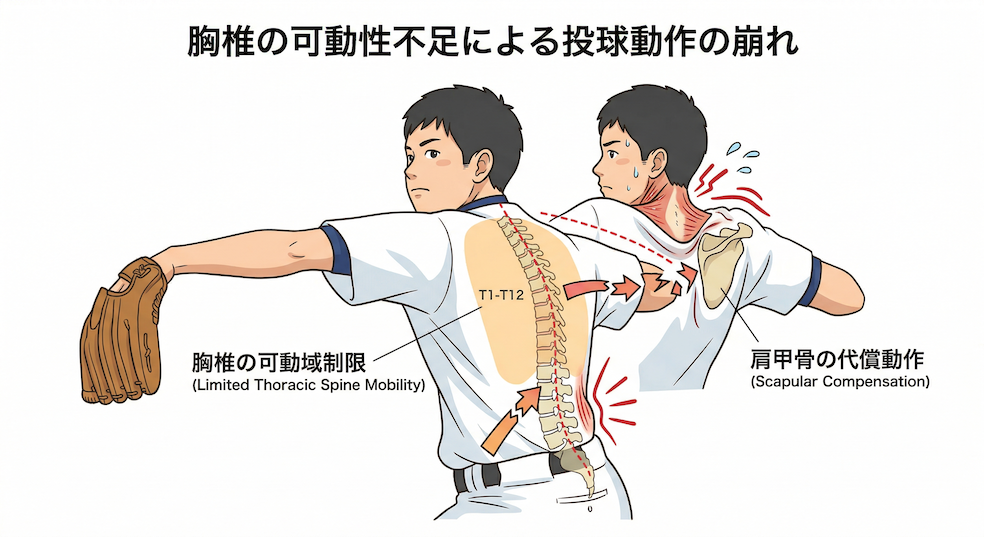 胸椎の可動性が低下し、肘下がりになっている図