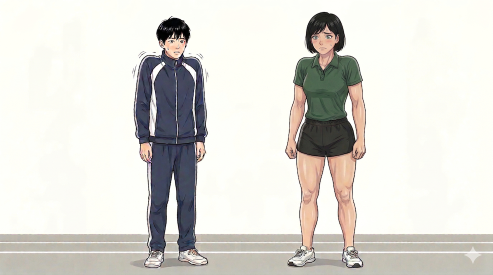 上半身に緊張が出やすい選手と下半身に力みが出やすい選手の比較イラスト
