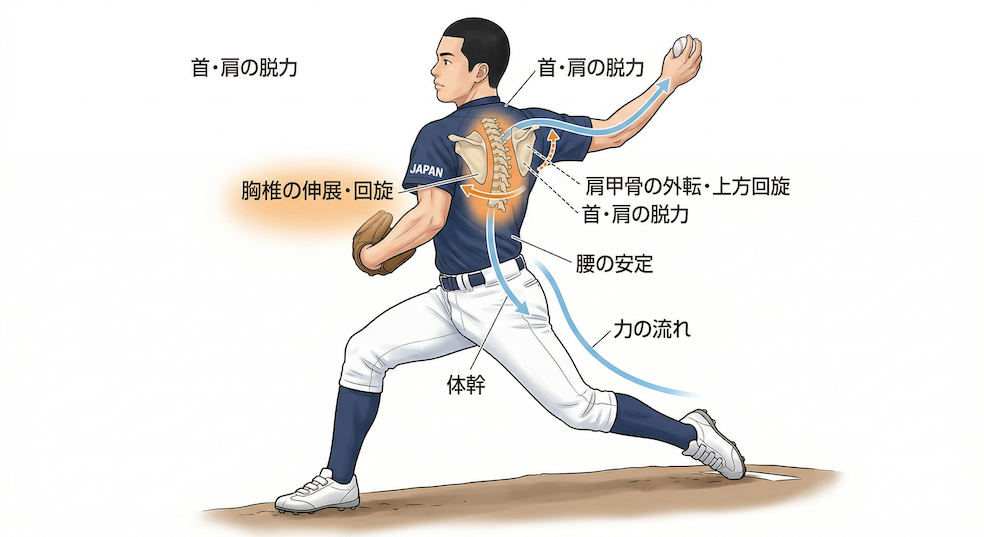 下肢、体幹の力を使って投球ができている図