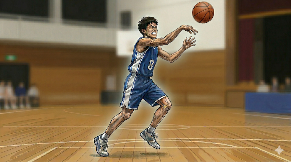 下半身からの力が腕に伝わらず腕だけでシュートをしている中学生アスリートのイラスト