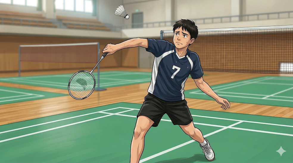 力がうまく伝わらず不安そうな表情でプレーする中学生バドミントン選手のイラスト