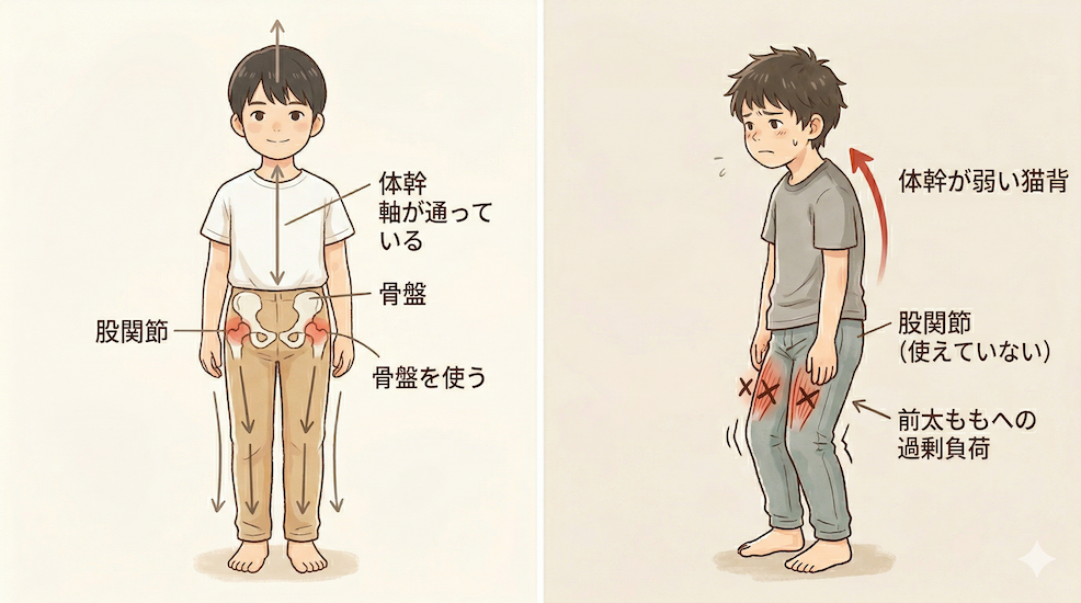 体幹と股関節を使える子とももの前に頼りやすい子の立ち方を比較したイラスト