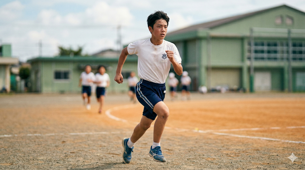 一生懸命走っているが、少し動きが硬くぎこちなく見える子どものイラスト
