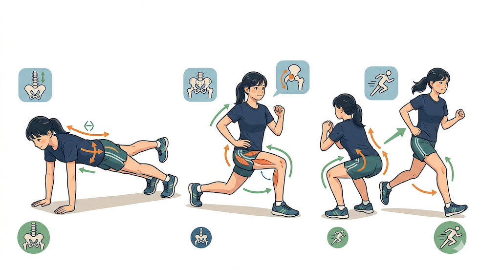 体幹の安定づくりから股関節の使い方、動作練習へ進む流れを示したイラスト
