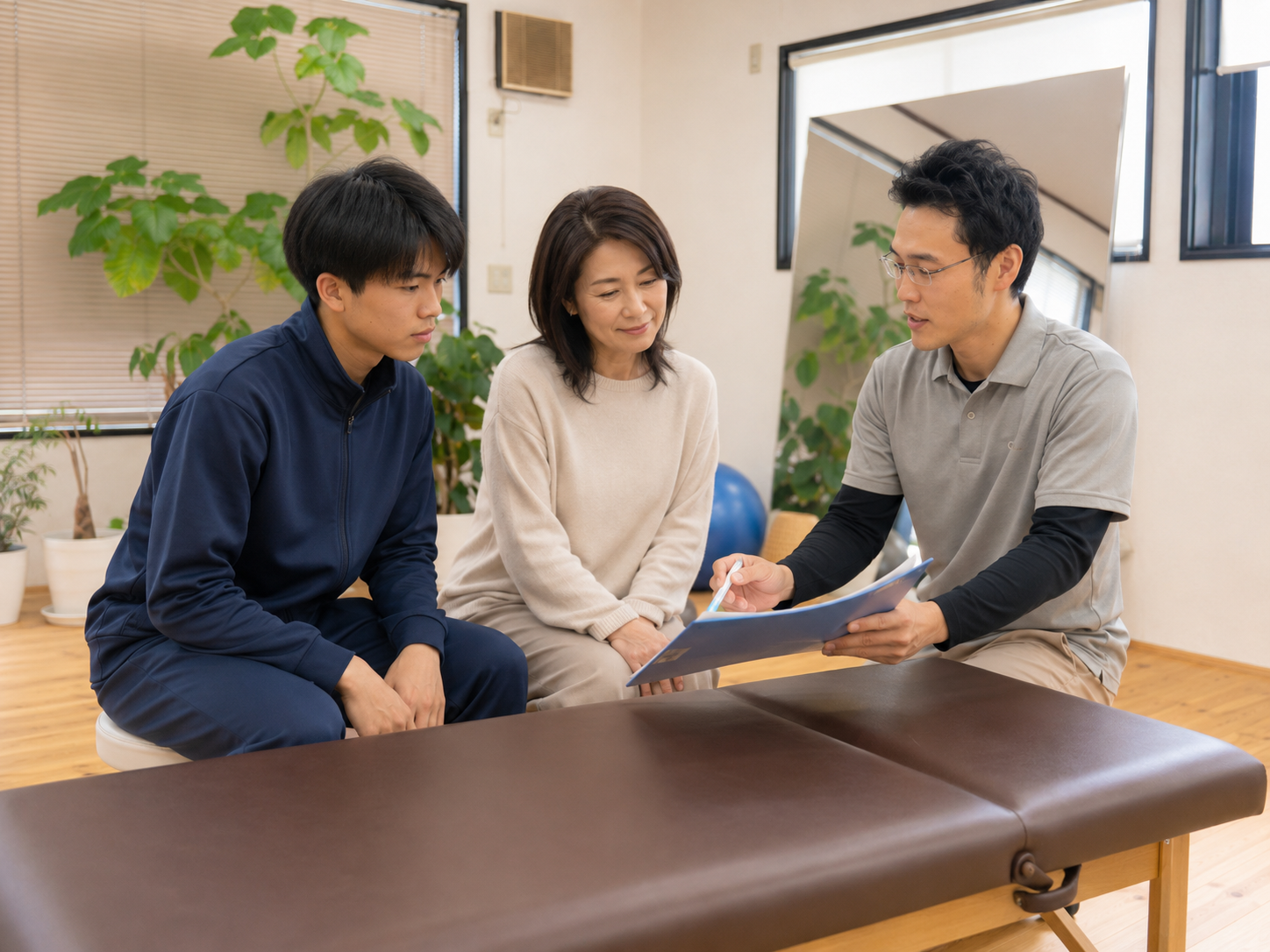学生アスリートと保護者にサポート内容や今後の方向性を説明している様子