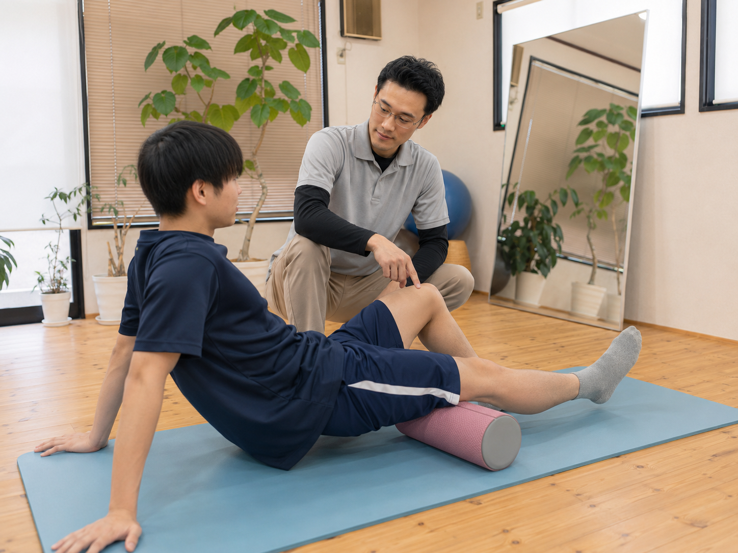 学生アスリートにセルフケアを指導している様子