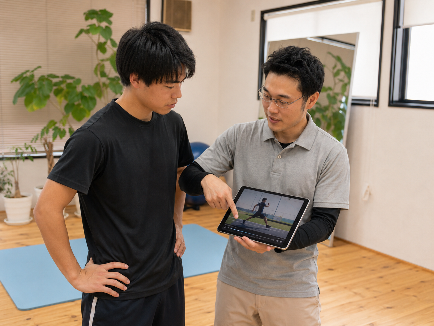 学生アスリートのフォーム動画を見ながら動きを分析している様子