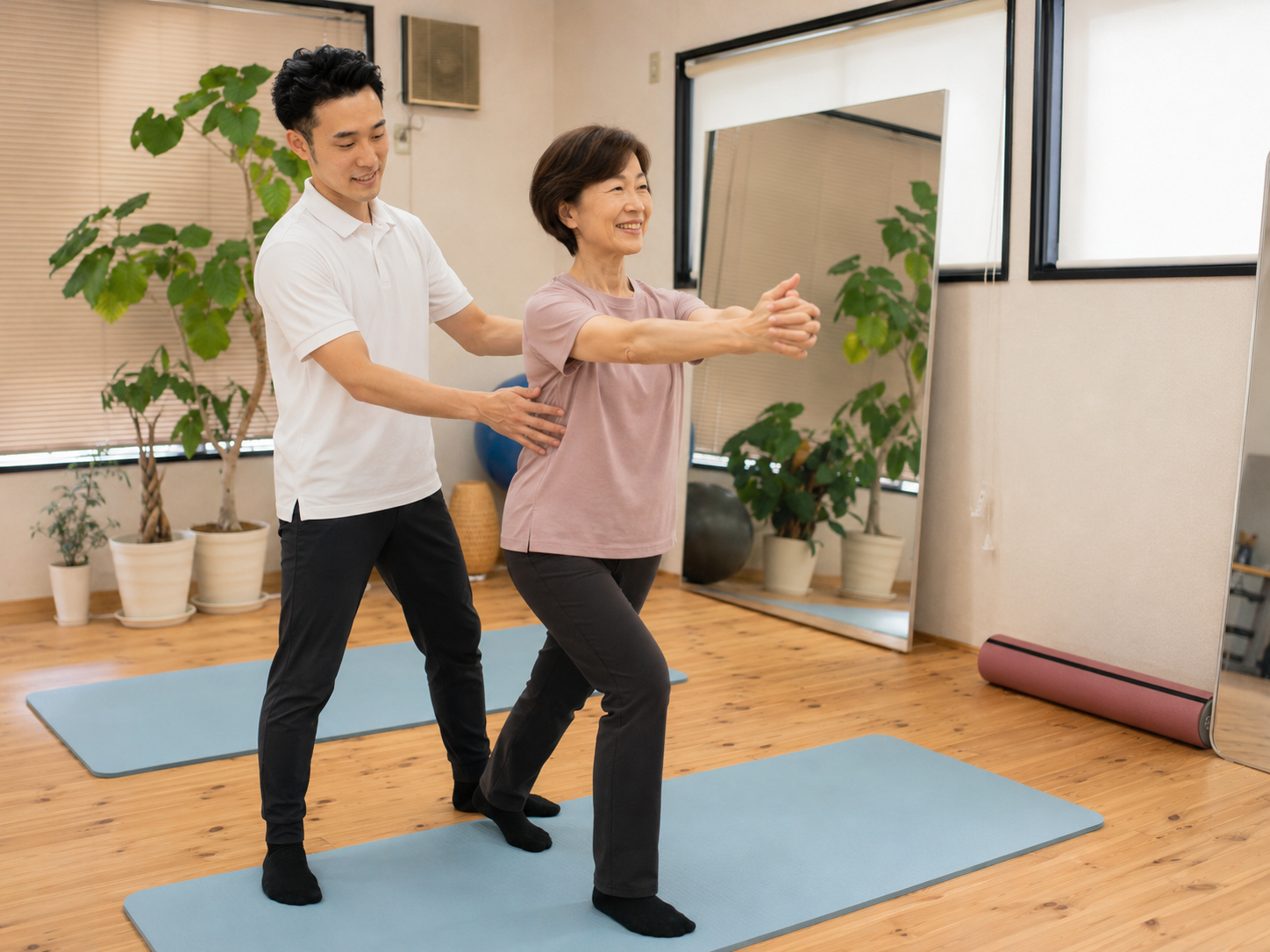 太田市のパーソナルトレーニング｜理学療法士が姿勢と動きをマンツーマンで確認している様子