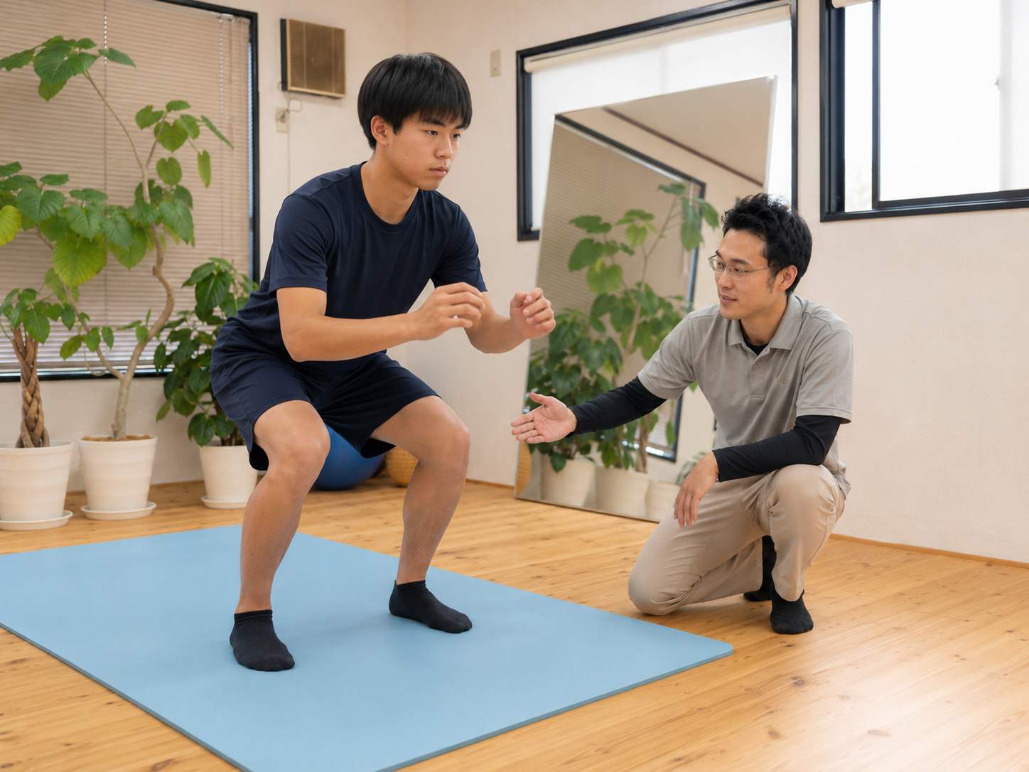 学生アスリートの姿勢や動作を評価している様子