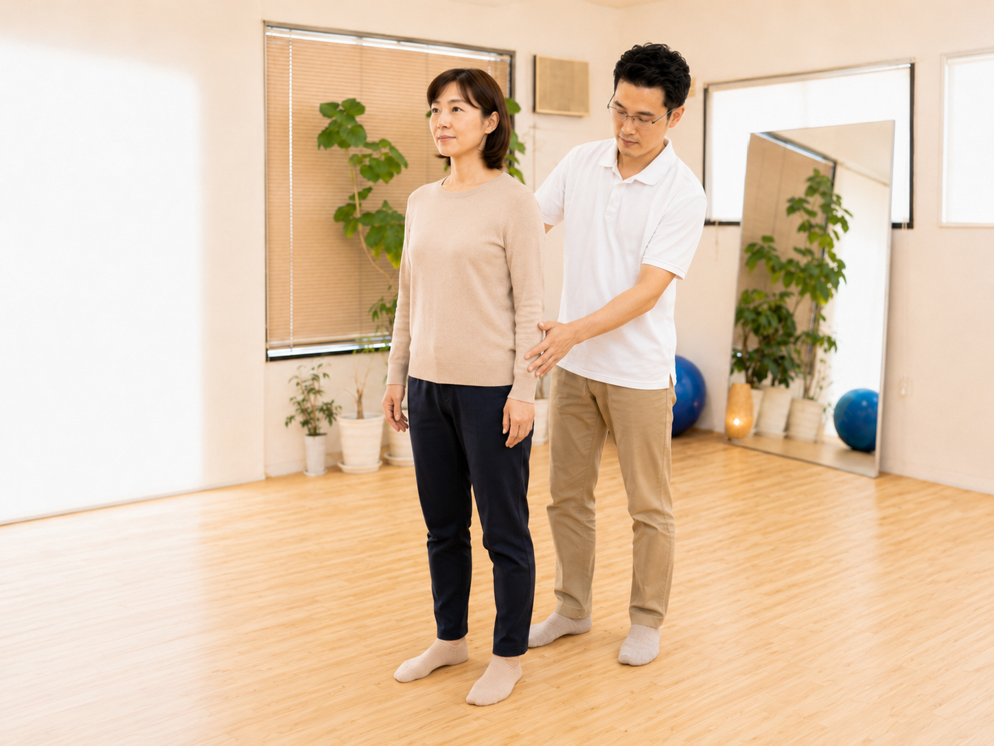 立ち方や姿勢、重心を確認している様子