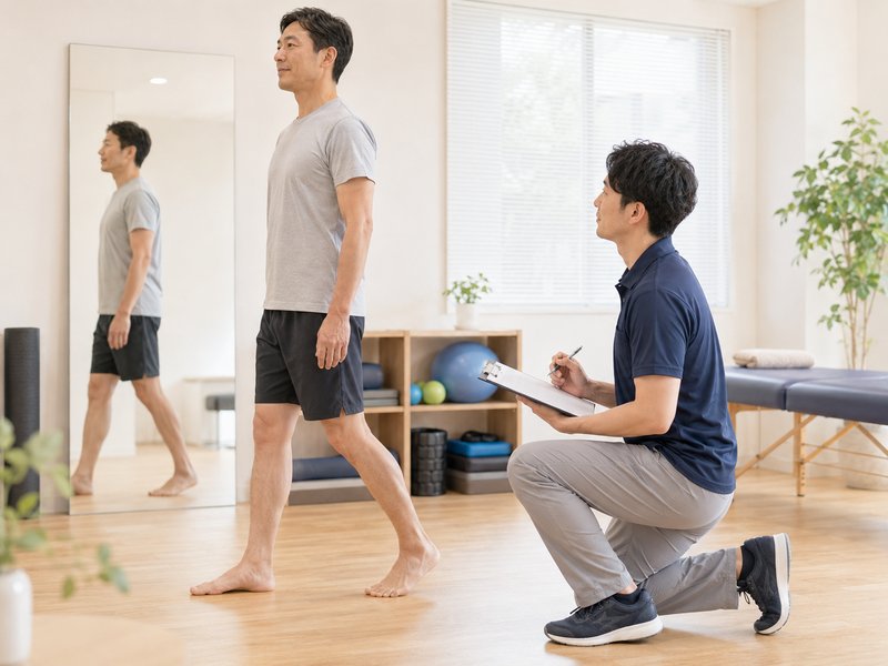 太田市のコンフォートで理学療法士が立ち姿勢と歩き方を確認している様子