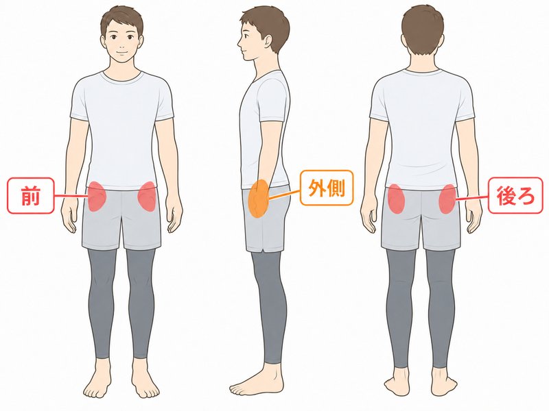 股関節の前側・外側・後ろ側の痛む位置を示したイラスト