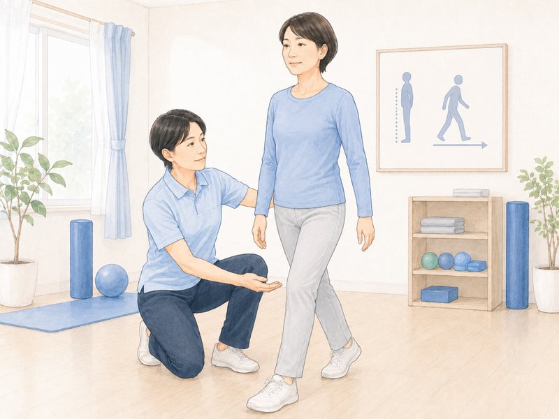 太田市のコンフォートで理学療法士が立ち方や歩き方をマンツーマンで確認している様子