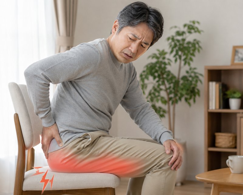 椅子に座り、お尻から太ももの裏のしびれを気にしている人