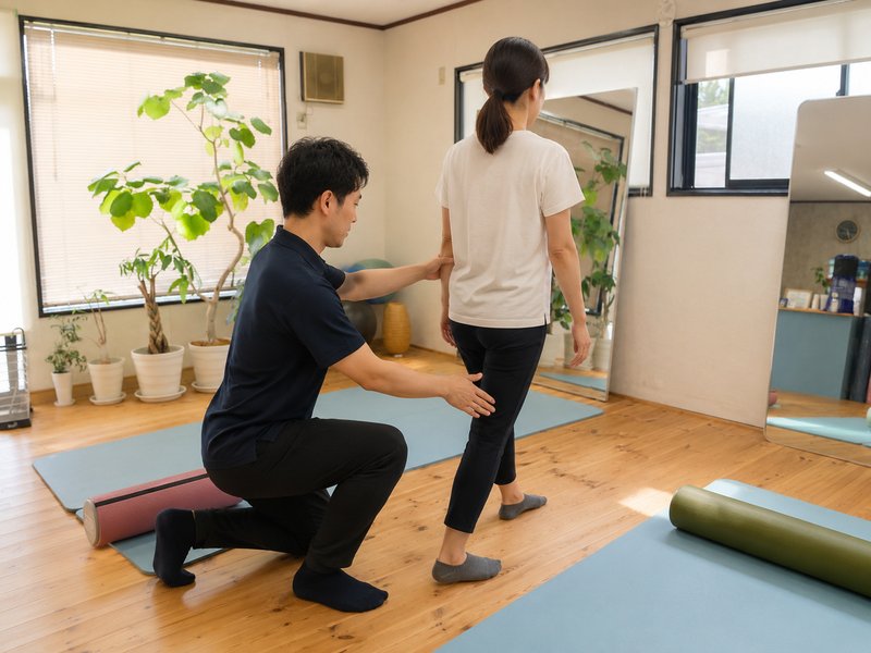 太田市のコンフォートで理学療法士が立ち方と歩き方を確認している様子
