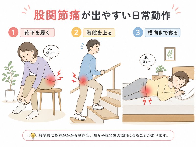 靴下を履く・階段を上る・横向きで寝るときに股関節痛が出る様子
